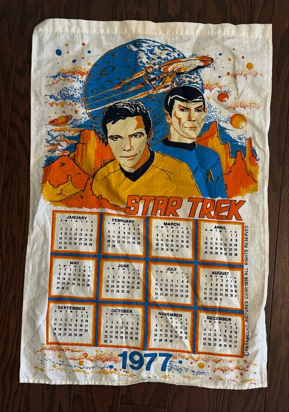 Vintage 1977 Star Trek Calendar Tea Towel Kirk Spock Paramount Linen